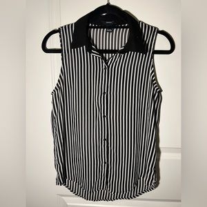 Black and white striped collared blouse.